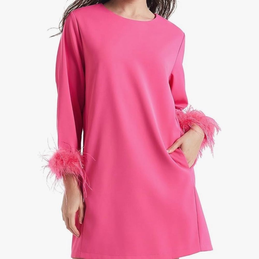 Chic Long Sleeve Pink Dress with Feather Cuffs fun